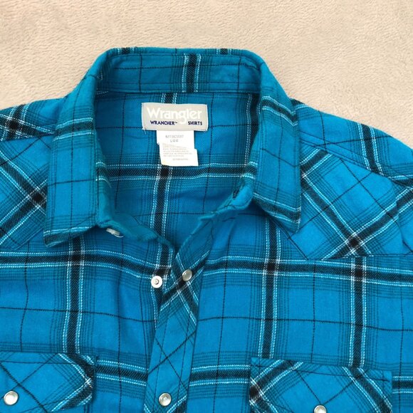 Wrangler Mens Shirt Large Long Sleeve Pearl Snaps Plaid Casual Classic Y2K Blue - Picture 7 of 11